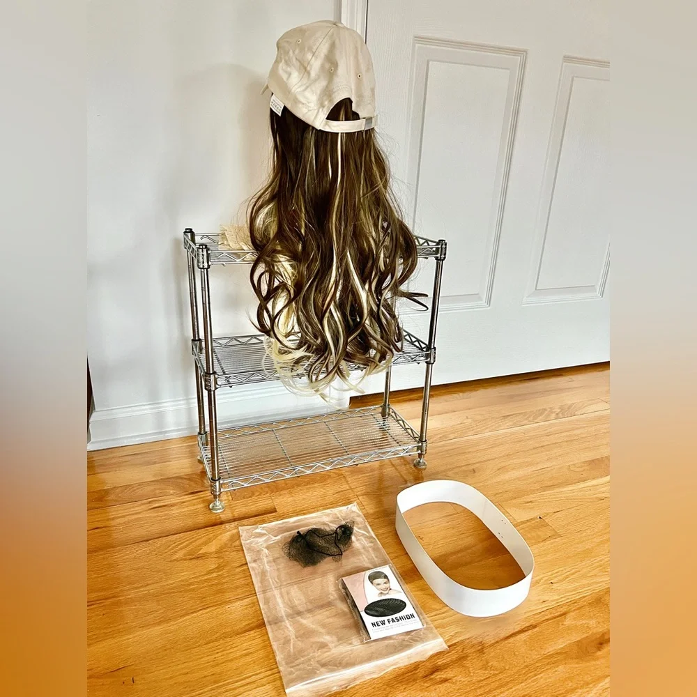 long wavy wig Brown Highlights Blonde wz Beige Baseball Cap Adjustable 2 in 1